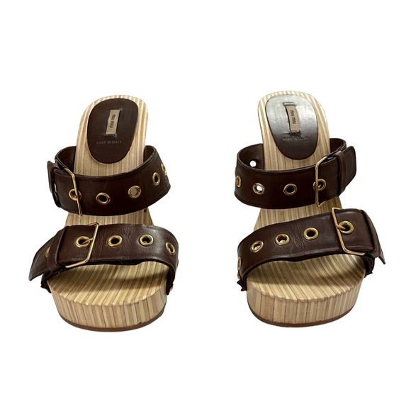 MIU MIU Leather Studded Wooden Platform Mules - Picture 5 of 7